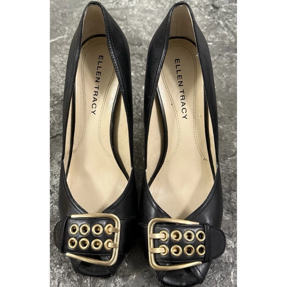 Ellen Tracy The "Dusty"Double Buckle Peep Toe Leather Pumps Heel Black 8.5M
